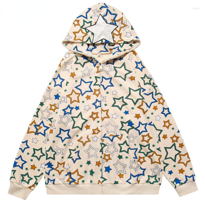 

Men's Hoodies Vintage Hoodie Sweatshirt Jacket Y2K Grunge Streetwear Hip Hop Star Print Zip Up Hooded Coats Fashion Harajuku Cotton Loose, Beige