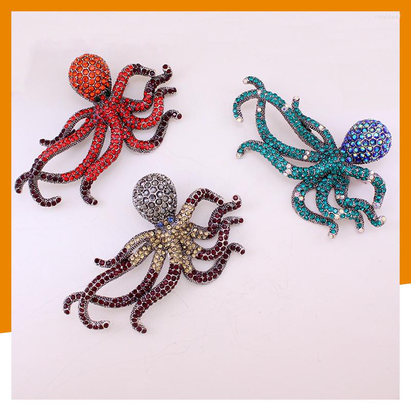 

Brooches High Quality Red Blue Octopus Brooch Multi Fish Full Rhinestone Antique Silver Jewelry Pin Accessories