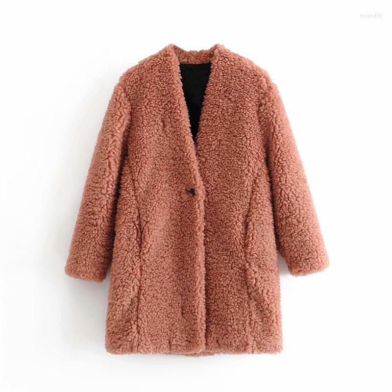 

Women' Fur Lady Long Sleeve Lamb Coats Warm Solid Teddy Coat Women Winter V Neck Mid Length Fashion Jacket Female Outerwear Veste, Pink