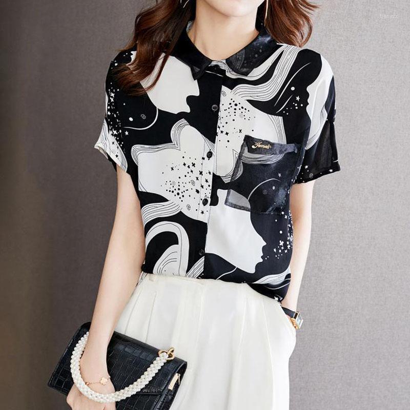 

Women's Blouses Fashion Mesh Turn-down Collar Summer Oversize Vintage Printing Buttons Shirt Floral All-match Pockets Casual For Women, Black