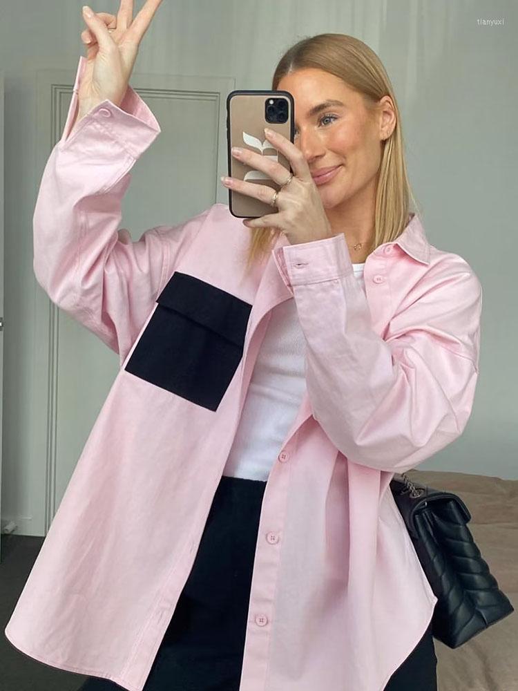 

Women' Blouses DYLQFS 2022 Autumn Women Fashion Contrast Shirt Casual Loose Long Sleeve Single-breasted Lapel Female Mid-length Chic Top, Picture shown