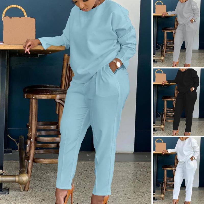 

Women's Two Piece Pants 2 Pcs/Set Women Top Set Long Sleeves T-shirt Sweatpants Suit Solid Color Casual Soft Sweatpant For Daily Wear, Black