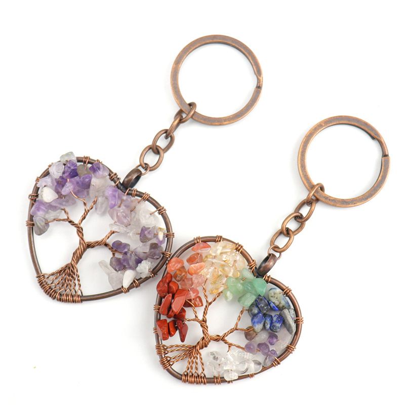 

Natural Stone Crystal Keychains Heart Shaped Life Tree Pendant Car Key Chain Keyring RRA404