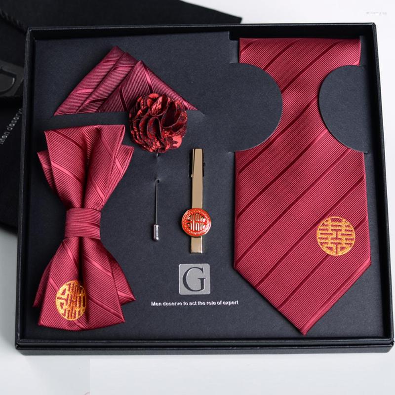

Bow Ties Wedding Tie Set For Men 8CM Red Formal Party Dress Suit Necktie Bowtie Corsage Pocket Square And Clip Men's Gift With Box