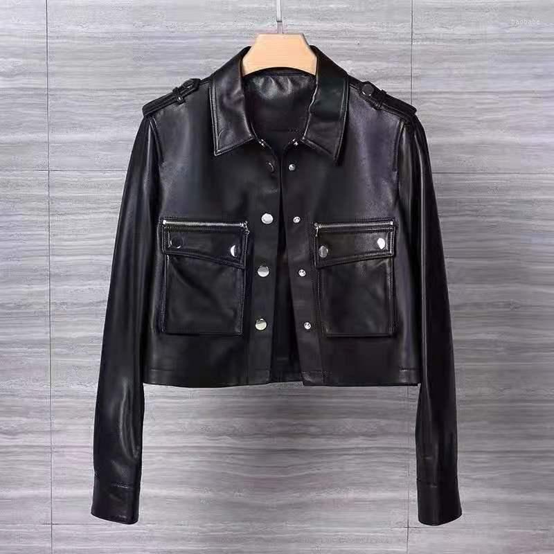 

Women's Leather Motorcycle Short Jacket Pocket Women's Spring And Autumn 2022 Design Top, Black