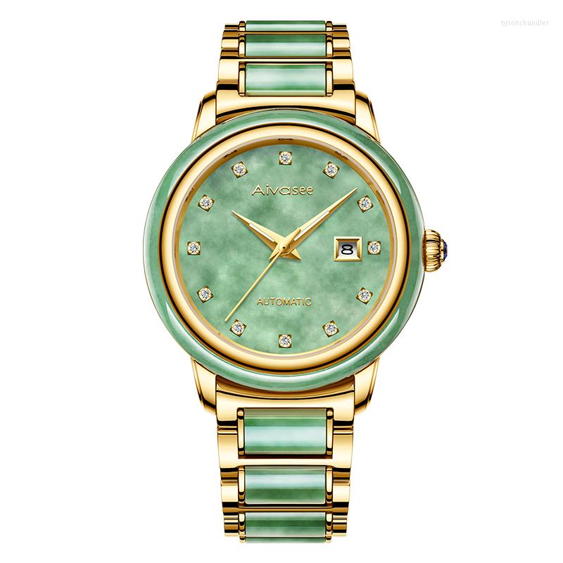 

Wristwatches Jade Watch Men Fully Automatic Mechanical Through Bottom Personality Strange Women Wristwatch Business Gift Male Clock, Brown jade watch