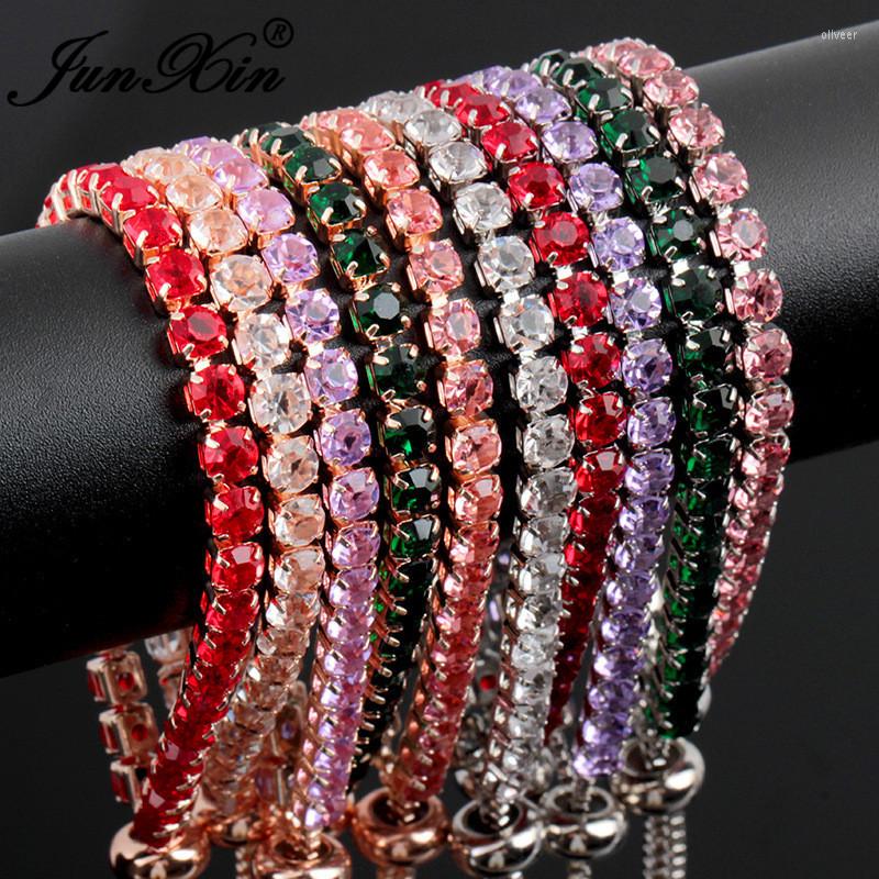 

Charm Bracelets JUNXIN Female Rainbow Crystal Adjustable Tennis For Women White Gold Rose Color Green Pink Purple CZ Bangle