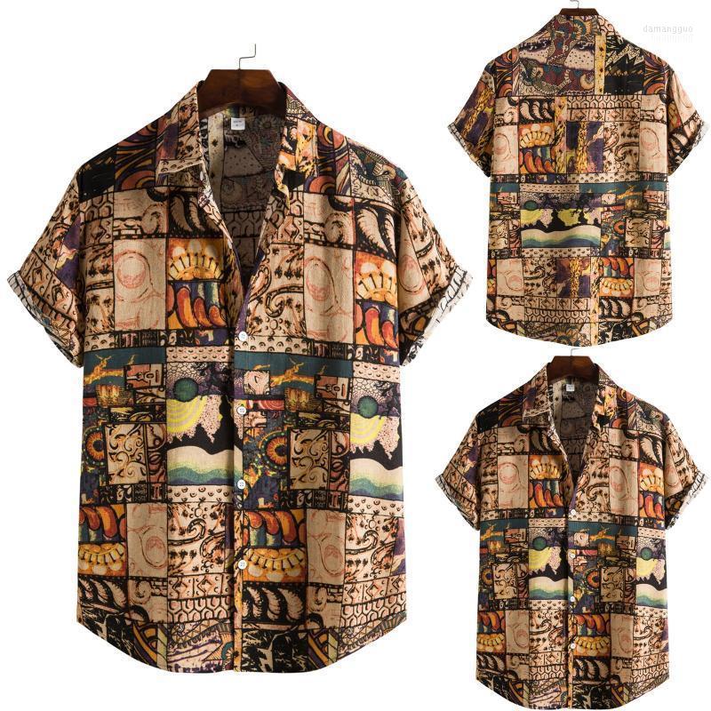 

Men's Casual Shirts Men's Ethnic Short Sleeve Cotton Linen Printing Hawaiian Shirt Blouse Couple Loose Fit Hawaii Vintage Camisa Hombre, Brown
