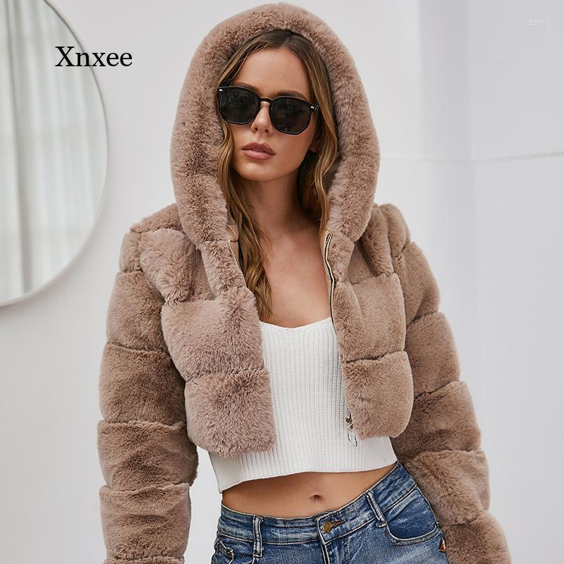 

Women's Fur Women Hooded Coats Furry Cropped Faux Winter Fluffy Top Jackets Female Thick Warm Patchwork Jacket Vintage Manteau Femme, Camel
