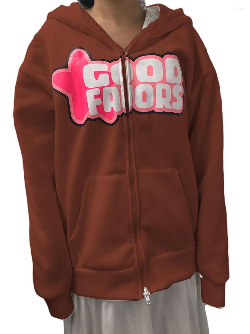 

Women' Hoodies Women  Casual Jacket Letter Printed Long Sleeve Zipper Closure Hooded Sweatshirt With Pocket, Brown