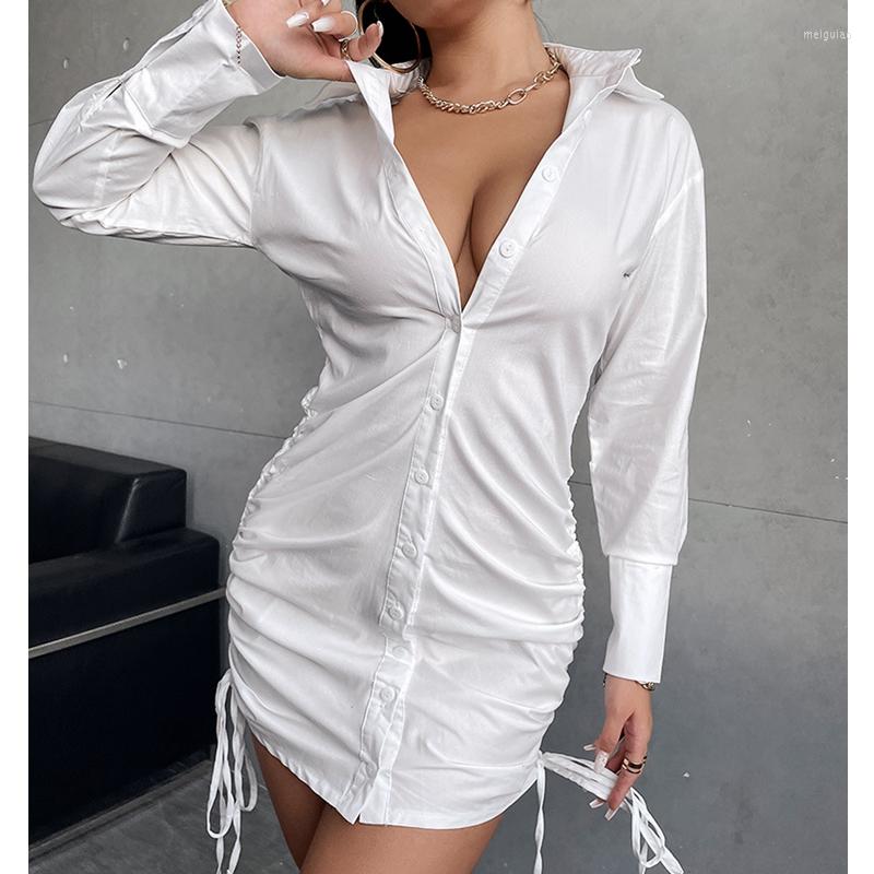 

Casual Dresses Wepbel Sheath Sexy Drawstring Bodycon Shirt Dress White Long Sleeve Shirts Women Solid Deep V Mini Tops