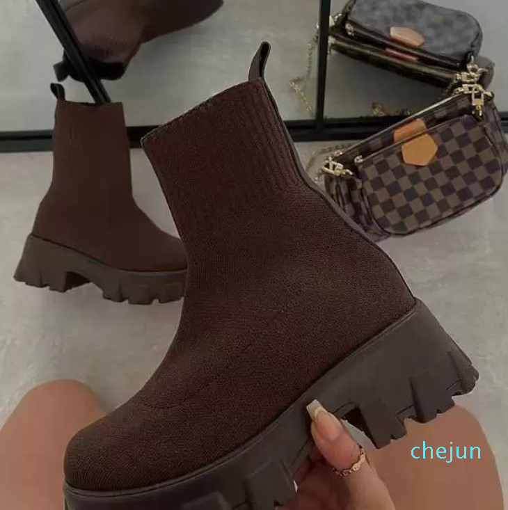 

Autumn BootsWoman Stretch Fabric Mid-Calf Casual Platform Boots Net Red Knitted Short Boots