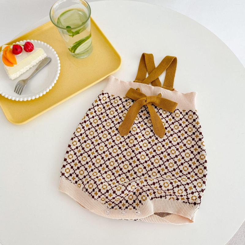 

Rompers Baby Girl Sweet Bow All-match Sleeveless Jumpsuit Boy Fashion Plaid Knitting Sling Overalls Cotton Soft Infant Outfits, Bodysuit