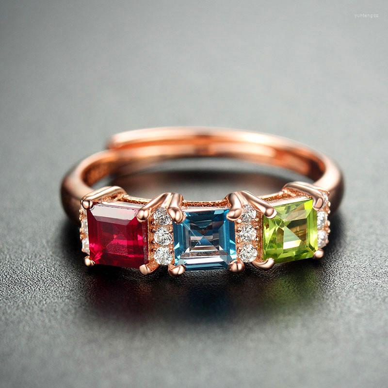 

Wedding Rings Charm Female Rainbow Crystal Open Ring Rose Gold Color Adjustable Engagement Luxury Square Zircon For Women