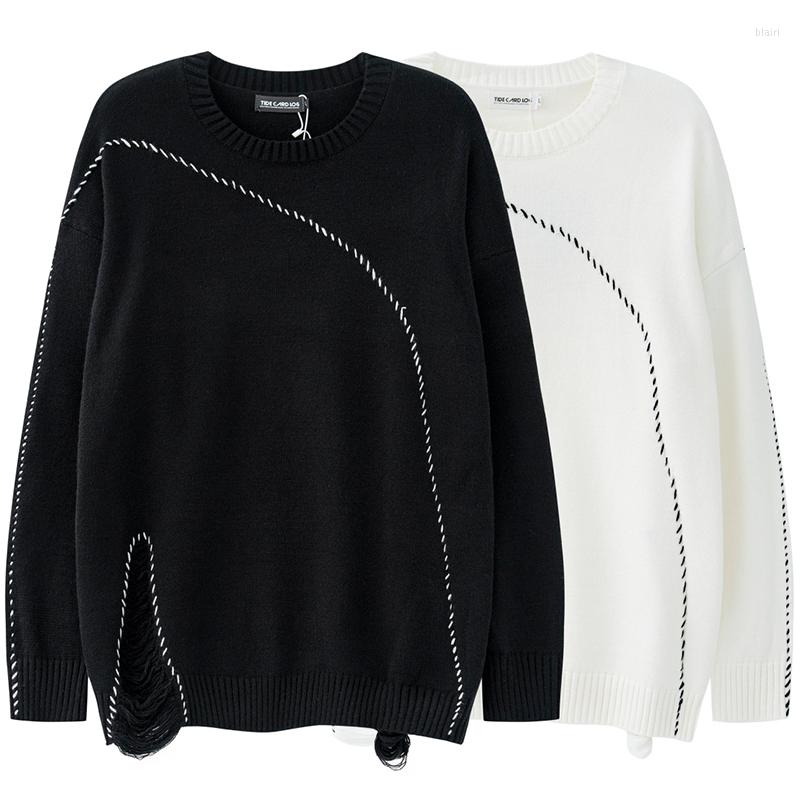

Men's Sweaters Harajuku Knitted Sweater Men Ripped Hole Fashion Thread Weave Street Baggy Black White Oversized Casual Pullover Unisex