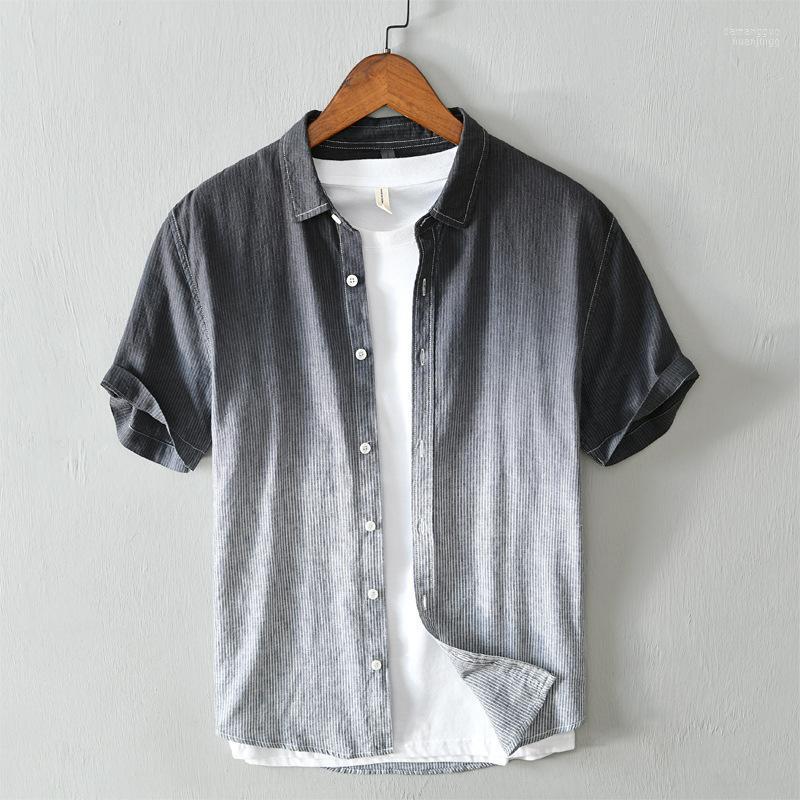 

Men's Casual Shirts Men's 2022 Summer Comfortable Cotton Linen Gradient Turn-down Collar Slim Fit Striped Fashion Short Sleeve Tops, Blue gray