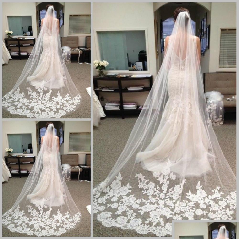 

Bridal Veils Best Selling In Stock Long Chapel Length Bridal Veil Appliques Veu De Noiva Longo Wedding Lace Purfle With Comb Drop De Dhlz9, White
