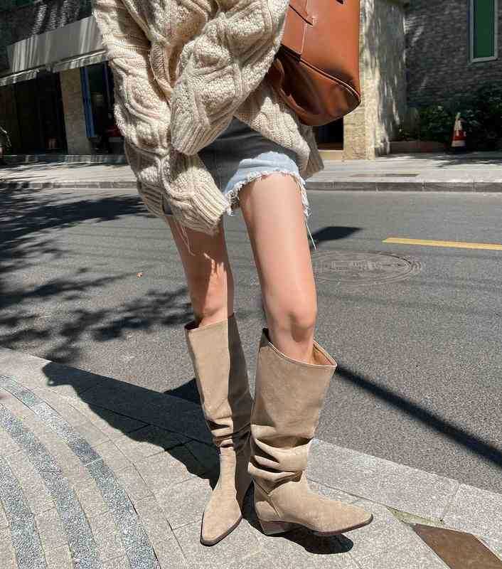 

HBP Designer Boots Knee High Ladyslip on Simple Pleated Stretch Suede Winter Botas Big Circumference Spring Autumn Woman Large Size42 220815, Apricot no fur