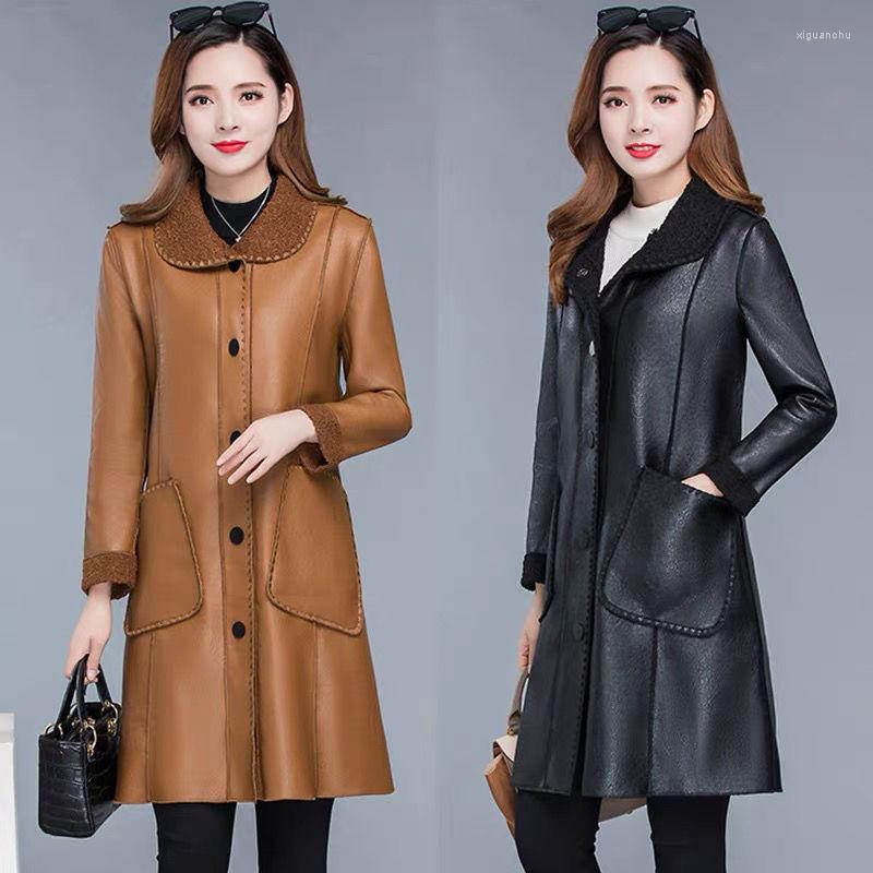 

Women's Leather Woman Faux Jacket Female Casual PU Loose Motorcycle Jackets Lades Fur Collar Streetwear Single Button Oversize Coat G561, Black