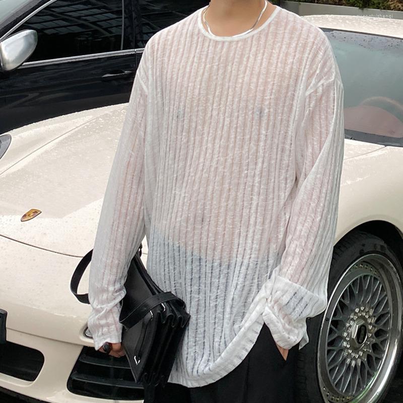 

Men's T Shirts Autumn Oversize Thin T-shirt Men's Fashion Casual Black White O-neck Tshirt Street Korean Loose Striped Shirt Mens Tops
