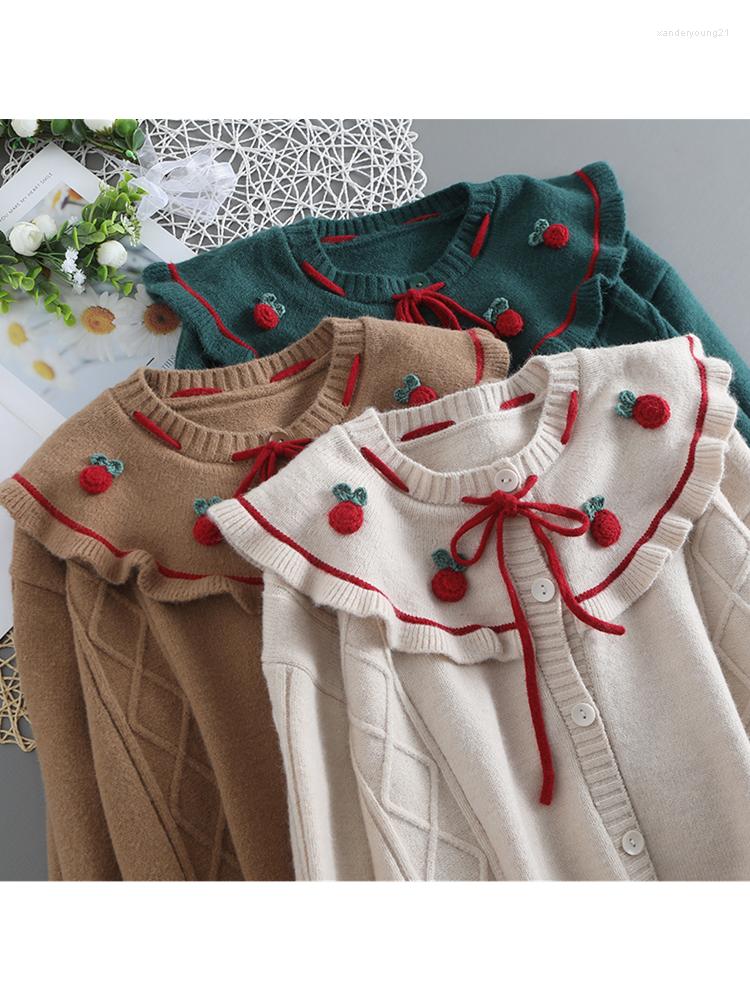 

Women's Sweaters Lamtrip Sweet Strawberry Kawaii Single Breasted Knitted Ruffles Cardigan Winter Mori Girl Sweater, Green