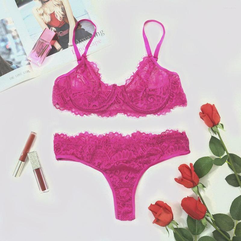 

Bras Sets Sexy Solid Lace And Panties Set For Women Erotic Briefs Underwear Lingerie Girls Hollow Perspective Bra Thongs, Purple