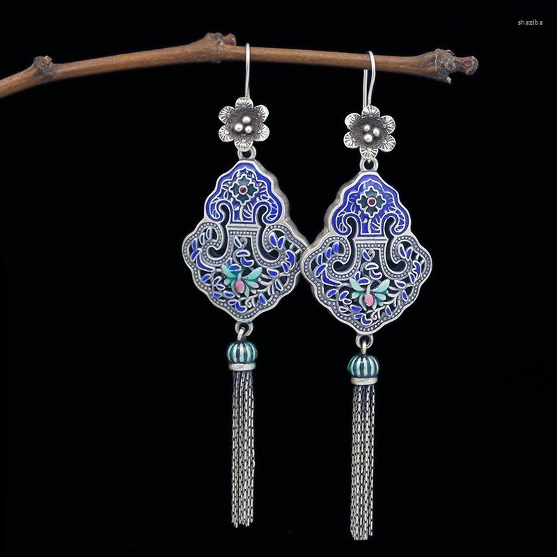 

Chains Burnt Blue Ruyi Tassel Small Flower Earrings Retro Ethnic Style Epoxy Square Three-Dimensional Elegant Sterling Silver