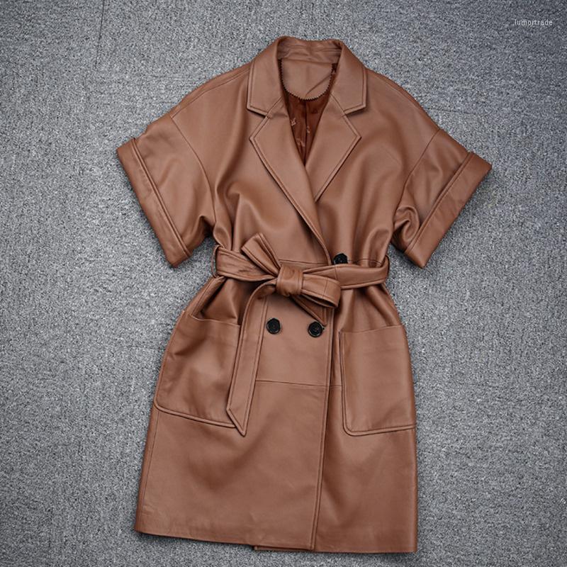 

Women' Leather 2022 Autumn Genuine Lapel Sheepskin Short Sleeved Medium Long Vest Thin Casual Windbreaker Coat, Brown