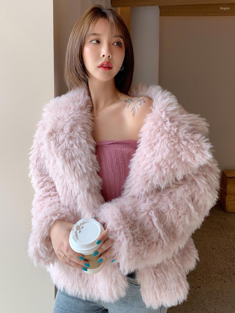 

Women' Fur Women 2022 Autumn Winter Thicken Warm Faux Coat Female Furry Fake Clothing Overcoat Ladies Elegant Lapel Outerwear E22, Pink