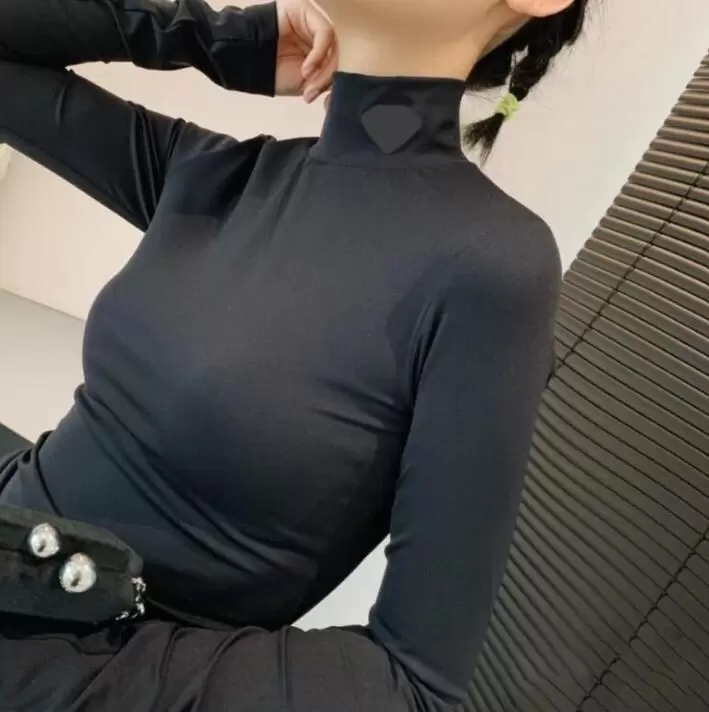 

Classic Triangle Slim fit Women' T-Shirt Designer luxury cotton elastic soft comfort Long Sleeve Base Black and White 2 Color