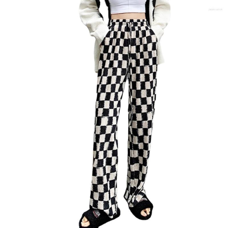 

Women' Pants 2022 Fashion Plaid Casual Straight Loose Black And White Wide Leg, Lattice