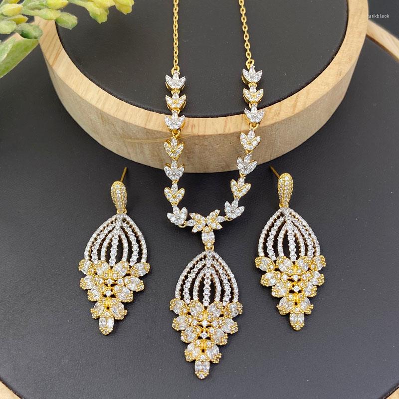 

Necklace Earrings Set Lanyika Fashion Jewelry Graceful Petal Zirconia Micro Pave With For Women Wedding Banquet Gifts, Picture shown