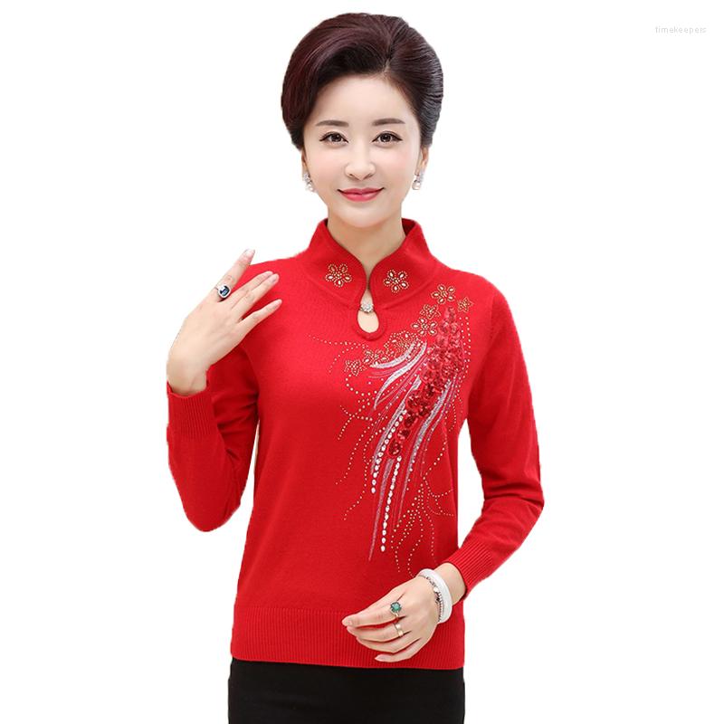 

Women's Sweaters High Quality Sweater Women 2022 Pullover Spring Autumn Cheongsam Collar Middle Aged Women's Knit Tops Female, Red
