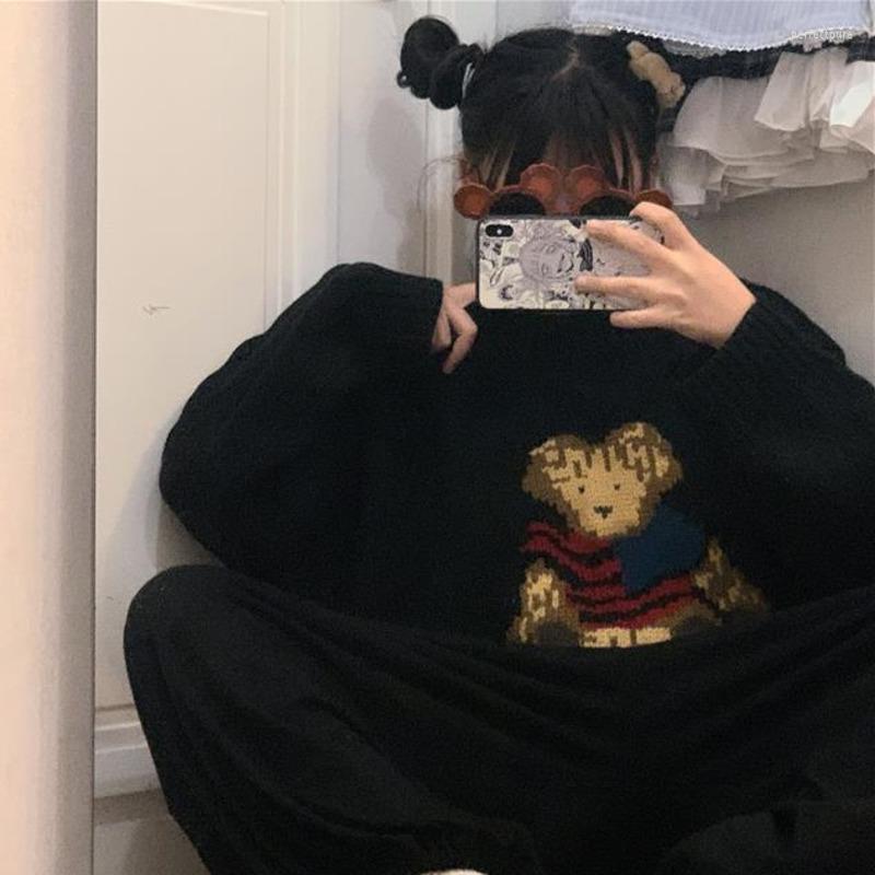 

Men's Sweaters Ladies Cute Bear Jacquard Sweater Women's Winter Black Student Harajuku 2022 Lazy Wind Loose Retro Pullover Crew Neck