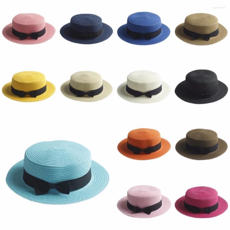 

Berets Mistdawn Cute Children Girls Boys Kids Summer Straw Bowler Hat Round Flat Brim Boater Cap Beach Sunhat, Black
