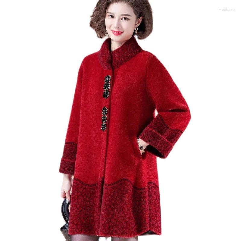 

Women's Fur Mother 2022 Autumn Winter Imitation Mink Fleece Jacket Foreign Style Middle-Aged Elderly Women Thickened Double-Sided Noble Coat, Red wine