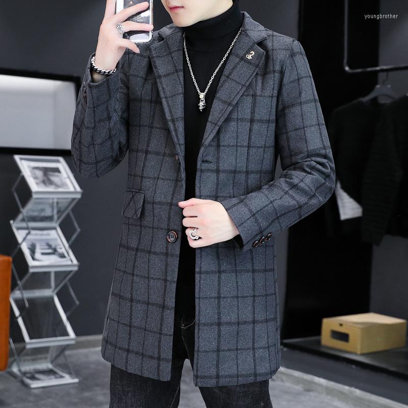 

Men's Trench Coats Men's Autumn And Winter Woolen Mid-length Plaid Coat Large Size M-5XL Long-sleeved Casual Slim Single-breasted, Black