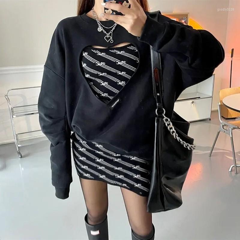 

Work Dresses Spring Autumn Chic Harajuku Dress Set For Women Streetwear Heart Hollow Out Loose Sweatshirt Top Mini Strap Two Pieces, Two pieces set