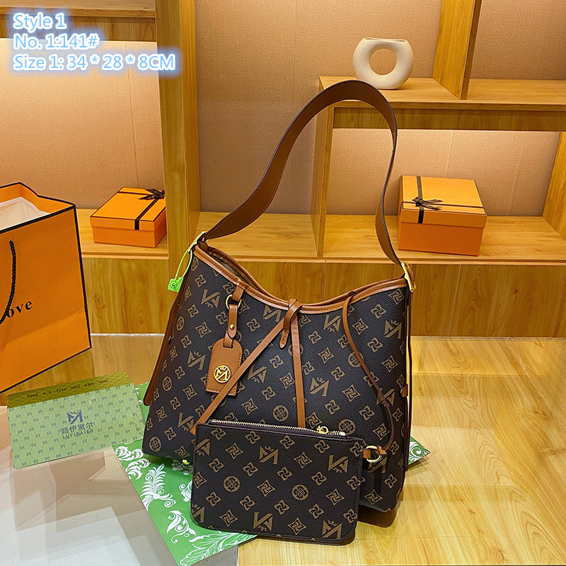 

Wholesale factory ladies shoulder bags 2 styles street fashion geometric pattern retro handbag simple two-piece contrast leather tote bag elegant plaid backpack, Brown-141#-style 1