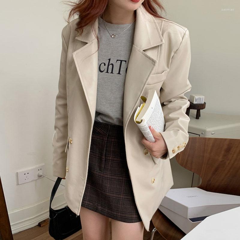 

Women's Leather SuperAen Korean Chic Autumn Vintage Handsome Suit Collar Double Breasted Loose Casual Long Sleeve Jacket Coat Women, Black