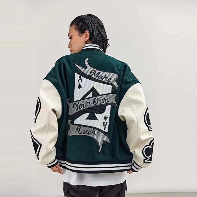 

Men's Jackets Vintage Contrast Color Varsity Bomber Men Women American Hip Hop Heart Poker Embroidery Baseball Uniform Black Jacket