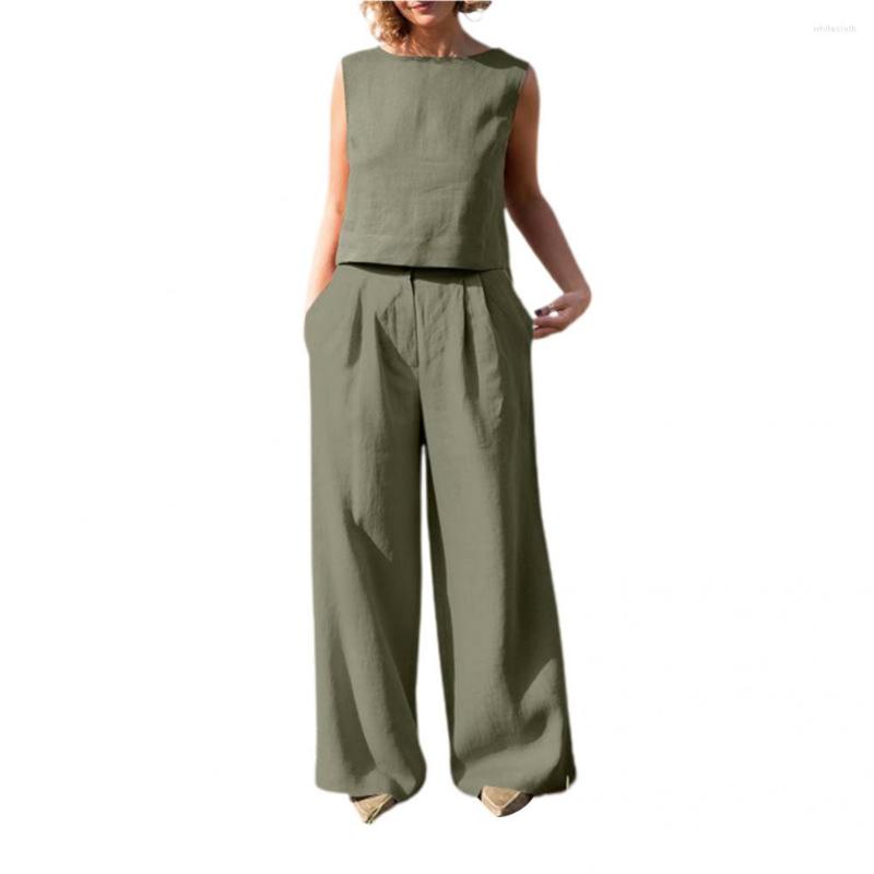 

Women' Two Piece Pants 1 Set Simple T-shirt Pockets Super Soft Female Pure Color Wide Leg Outfit, Khaki