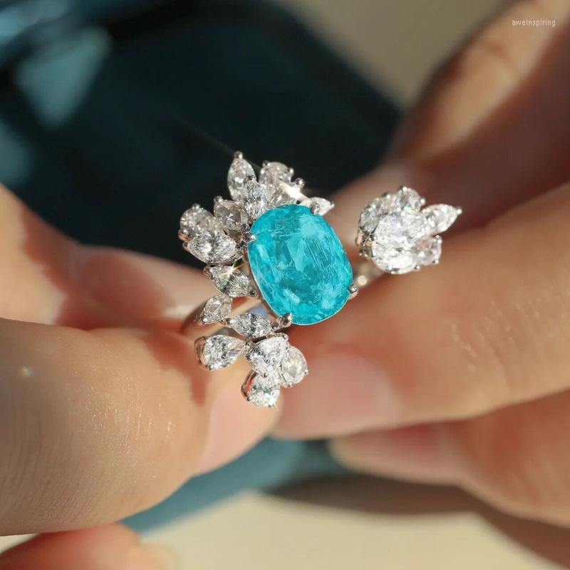 

Cluster Rings 2022 Trend Silver Topaz Blue Paraiba Tourmaline Gemstone Wedding Fine Jewelry Anniversary Gift Engagement For Women