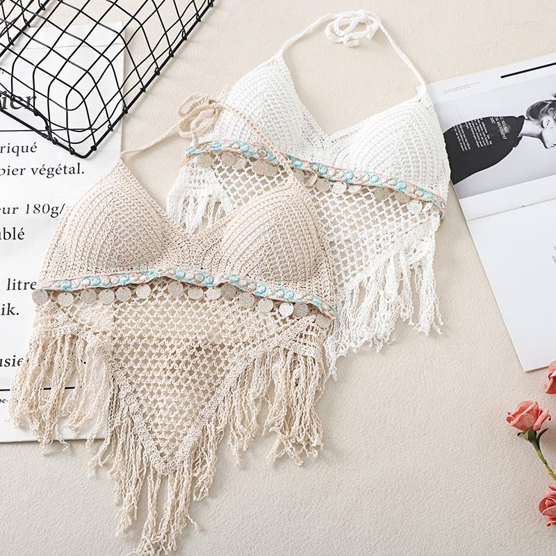 

Women's Tanks Women Tassel Sexy Tops Fashion Bikinis Knitted Crochet Hollow Out Swimming Haut Femme 2022 Summer Cropped Feminino