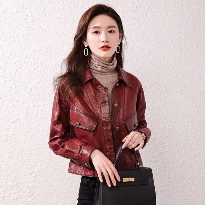 

Women's Leather Genuine Sheepskin Jacket Women Clothing Spring Autumn Real Coats For Short Tops Casaco Feminino Zm1145, Burgundy