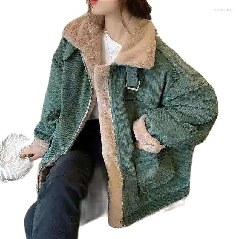 

Women' Trench Coats 2022 Autumn Winter Fashion Corduroy Women' Cotton Jacket Add Velvet Thicken Imitate Lambswool Loose Keep Warm, Pink