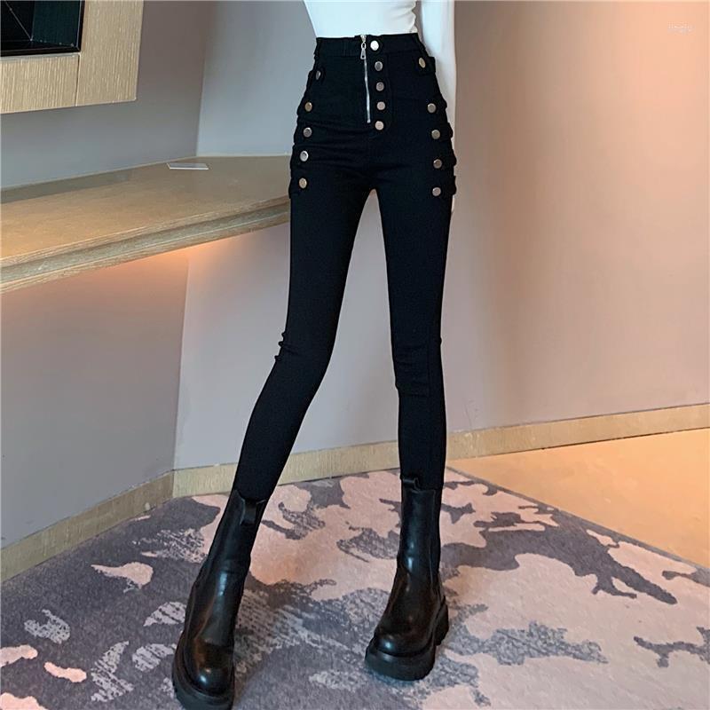 

Men's Pants 2022 Spring Autumn Fashion Jeans Women Double Breasted Decoration High Waist Black Elastic Slim Casual Pencil, 13