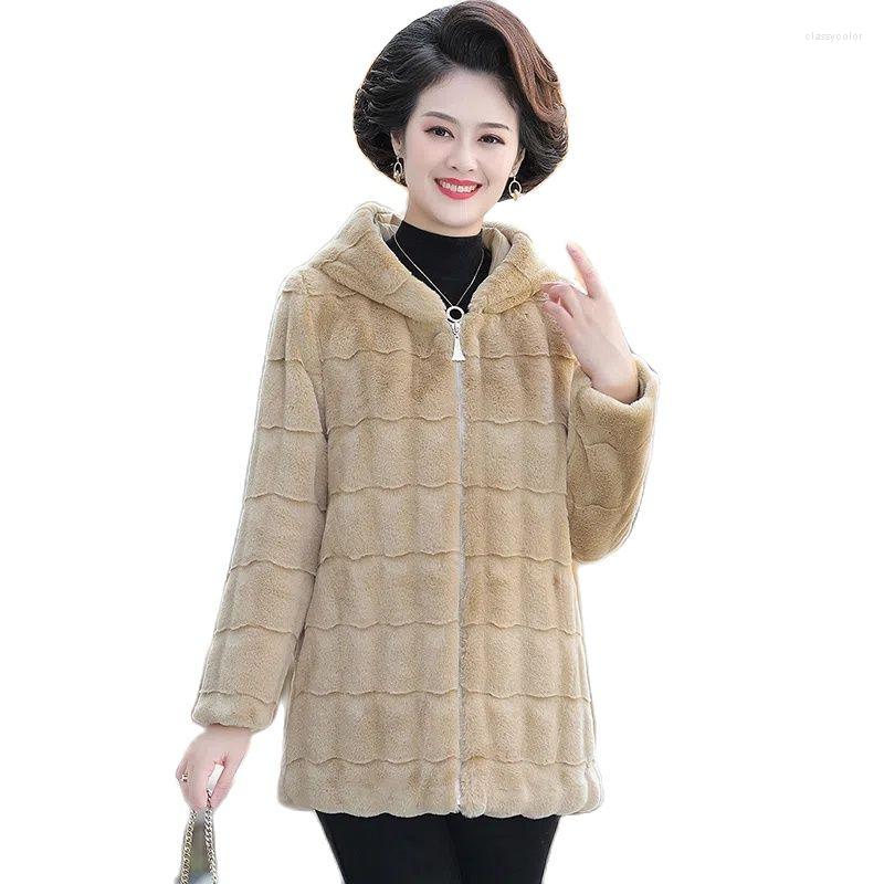 

Women's Fur Middle-aged Elderly Women's Mink Fleece Coat Hooded Jacket 2022 Female Mid-length Faux Overcoat Warm Outwear Coats 5XL, Khaki