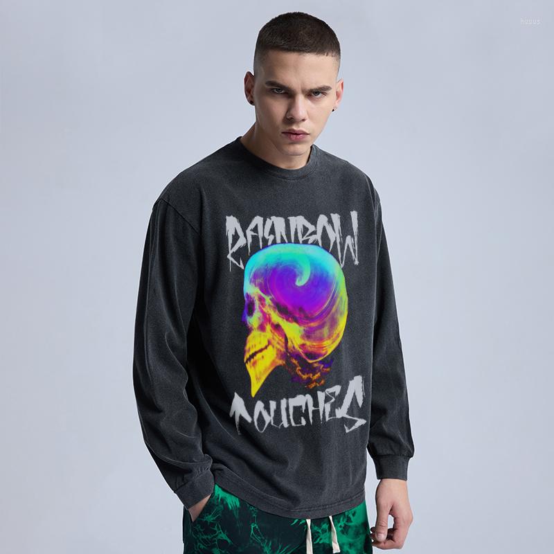 

Men's T Shirts Rainbowtouches Washed Long Shirt Unisex Vintage Fashion Skulls Printing Pattern Loose Men Occident Style Design, Black