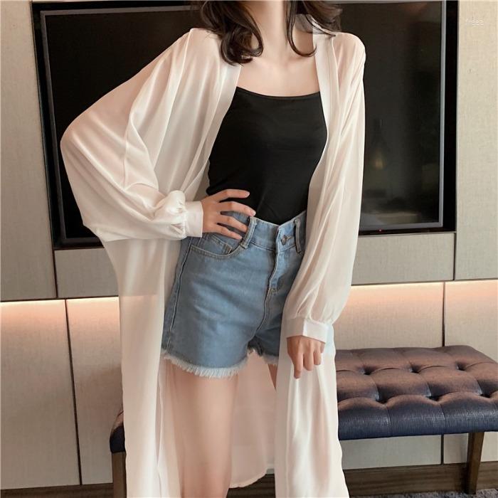 

Women's Jackets Supper Fairy Is Prevented Bask In Clothes Female Over-the-knee Long Cardigan Ultra-thin Coat Summer Chiffon Unlined U, White